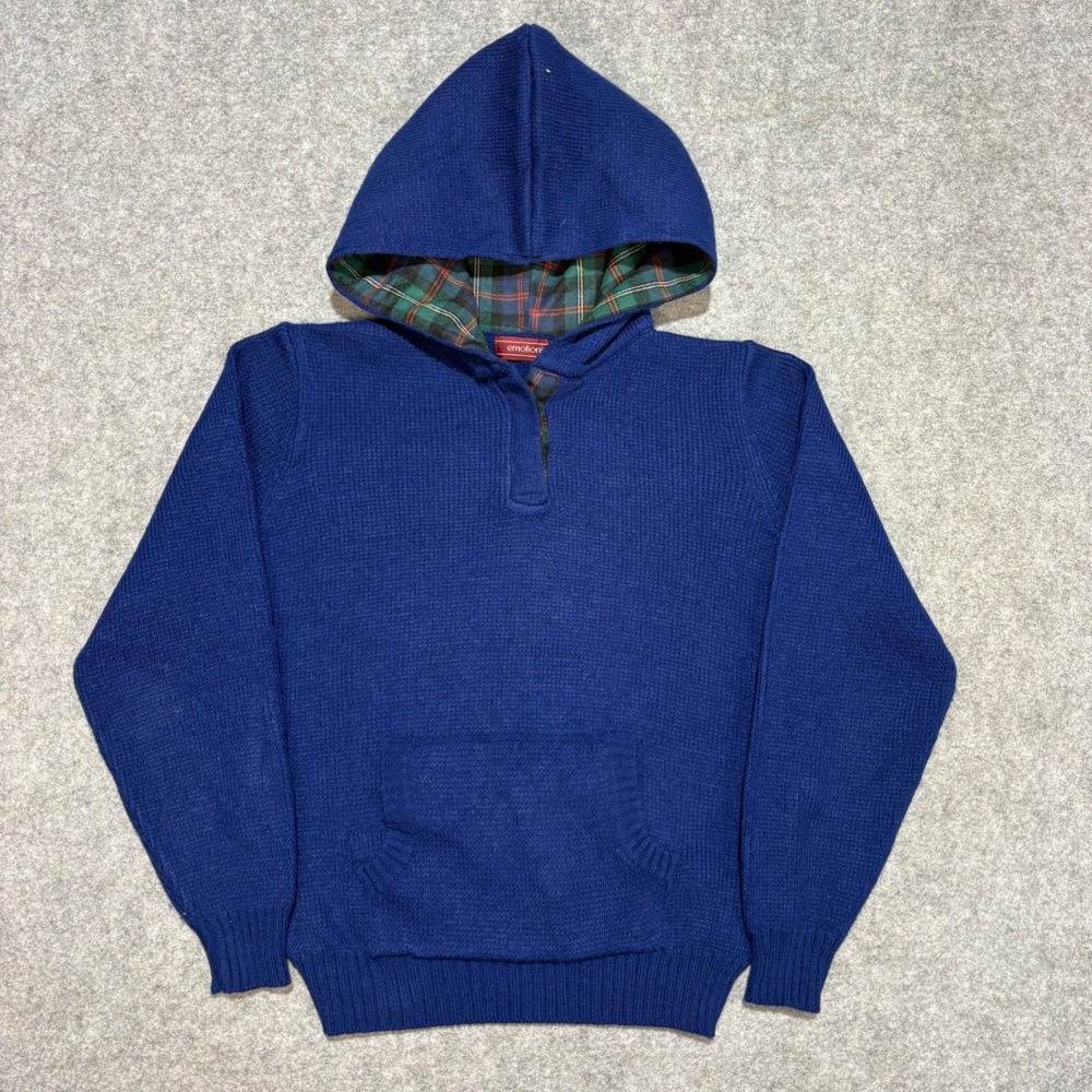Emotions Vintage Blue Knit Hoodie Plaid Lined Hood Sweater Large Womens Pullover